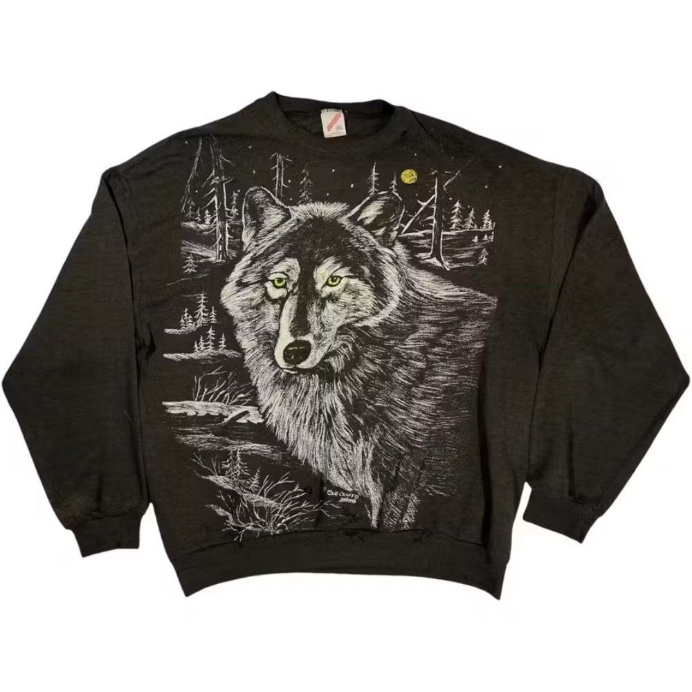 Vintage 80s Wolf Sweatshirt Crewneck in Black Men's Size Large
